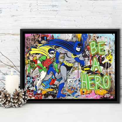Be A Hero Art Print, Framed Canvas Print Wall Art Decor, Floating Frame, Neon Effect Art