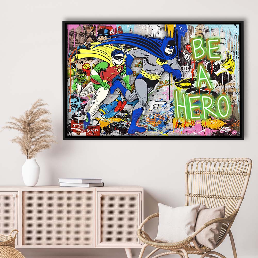 Be A Hero Art Print, Framed Canvas Print Wall Art Decor, Floating Frame, Neon Effect Art