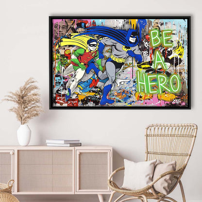 Be A Hero Art Print, Framed Canvas Print Wall Art Decor, Floating Frame, Neon Effect Art