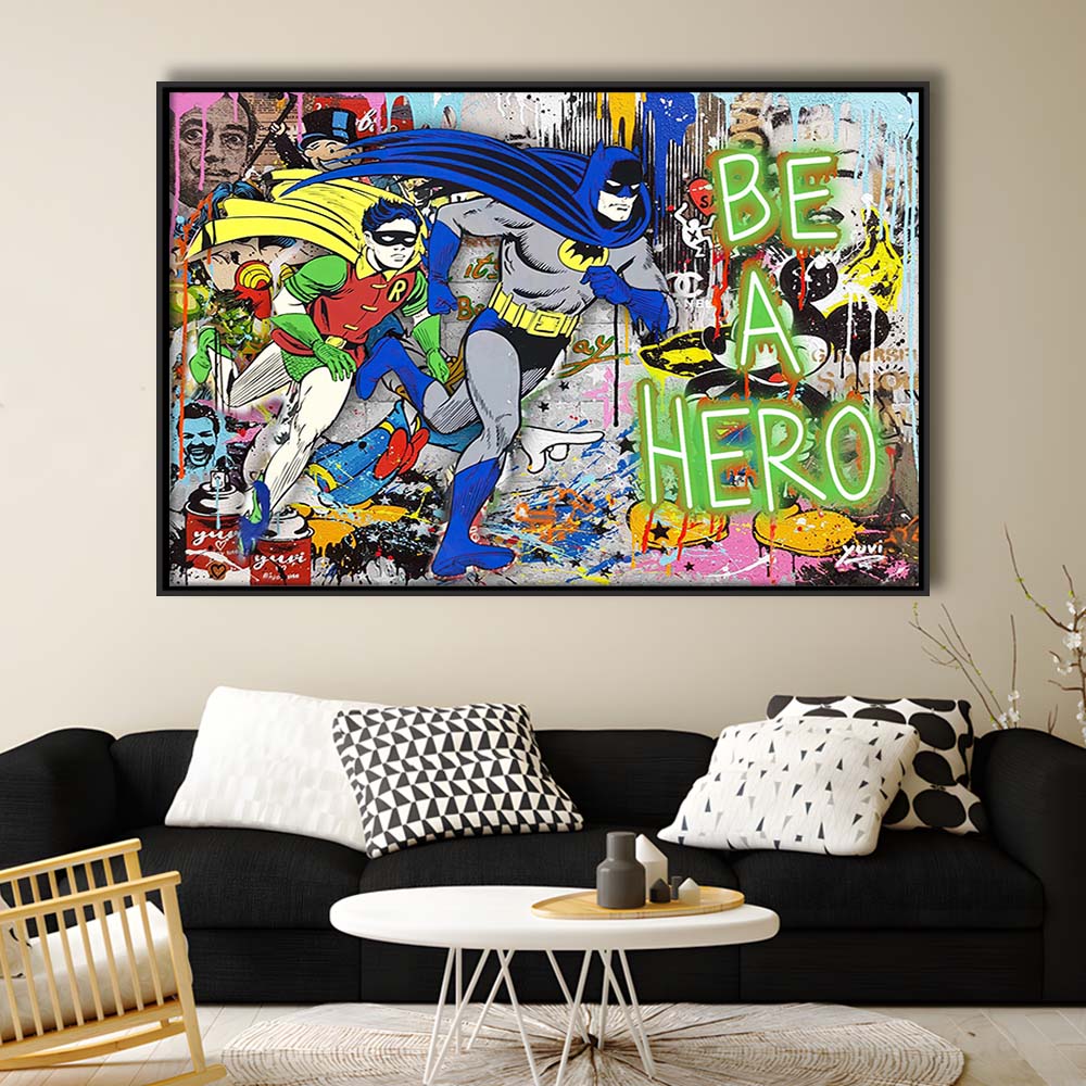Be A Hero Art Print, Framed Canvas Print Wall Art Decor, Floating Frame, Neon Effect Art