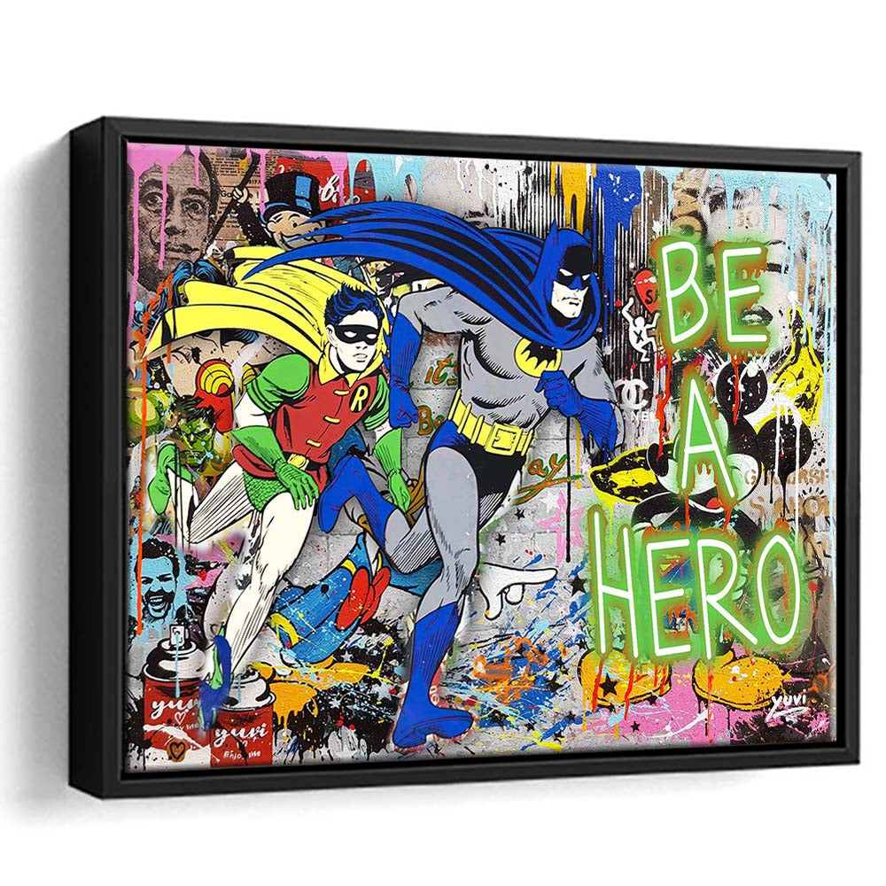 Be A Hero Art Print, Framed Canvas Print Wall Art Decor, Floating Frame, Neon Effect Art