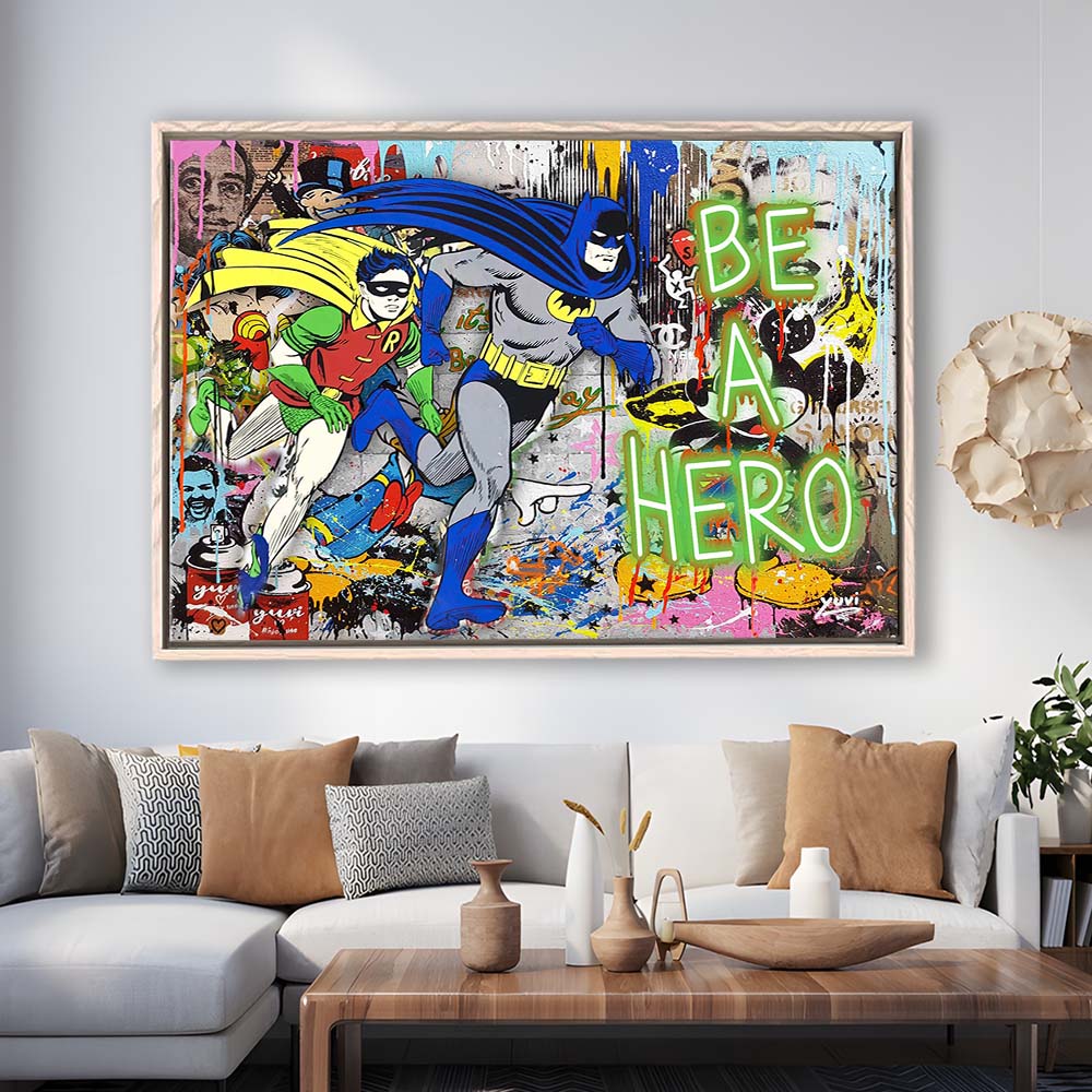 Be A Hero Art Print, Framed Canvas Print Wall Art Decor, Floating Frame, Neon Effect Art