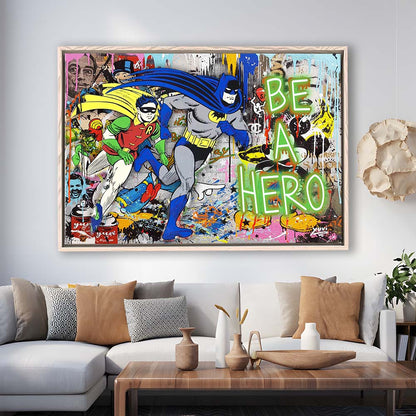Be A Hero Art Print, Framed Canvas Print Wall Art Decor, Floating Frame, Neon Effect Art