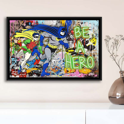 Be A Hero Art Print, Framed Canvas Print Wall Art Decor, Floating Frame, Neon Effect Art