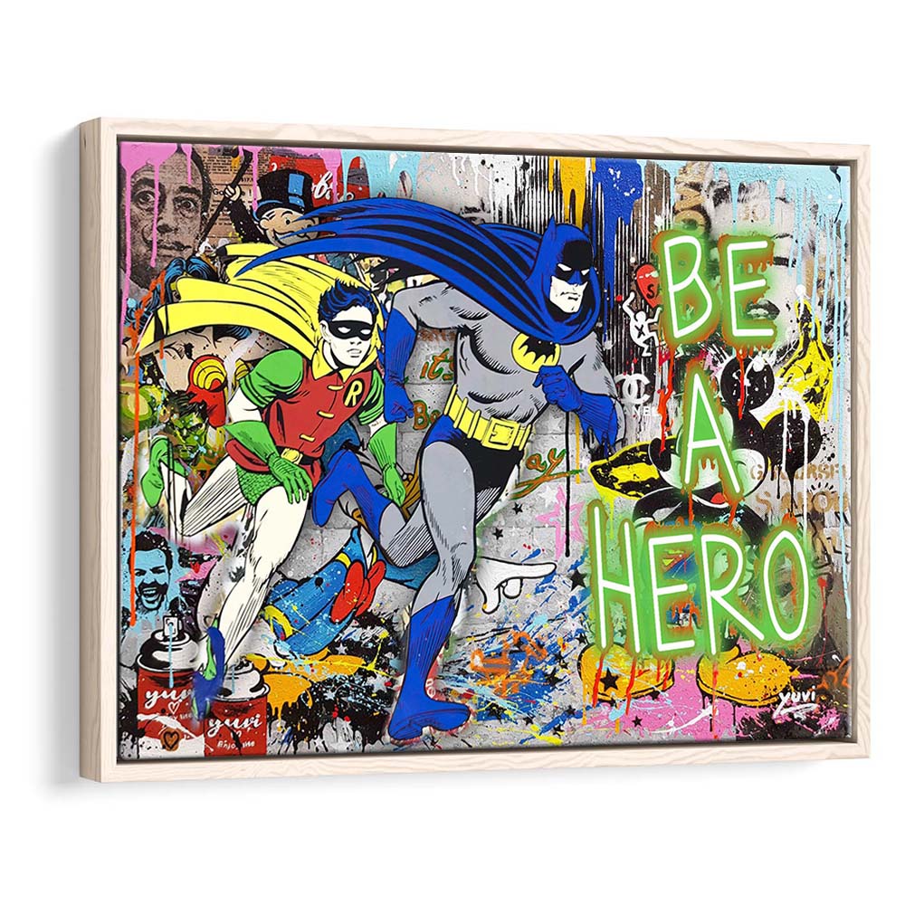 Be A Hero Art Print, Framed Canvas Print Wall Art Decor, Floating Frame, Neon Effect Art