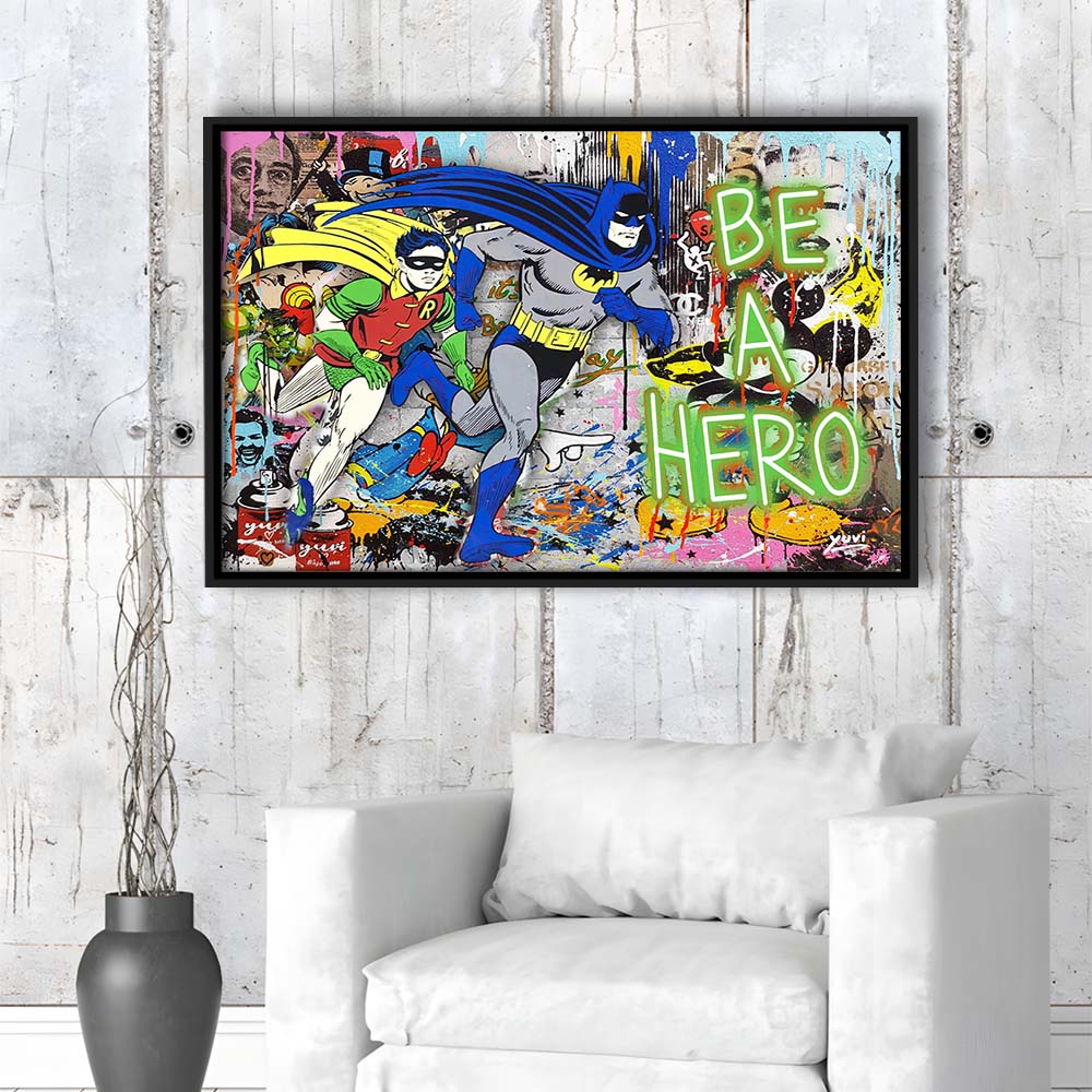 Be A Hero Art Print, Framed Canvas Print Wall Art Decor, Floating Frame, Neon Effect Art