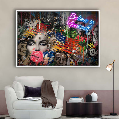 Be You, Believe In Yourself Art Print, Framed Canvas Print Wall Art Decor, Floating Frame, Neon Effect Art