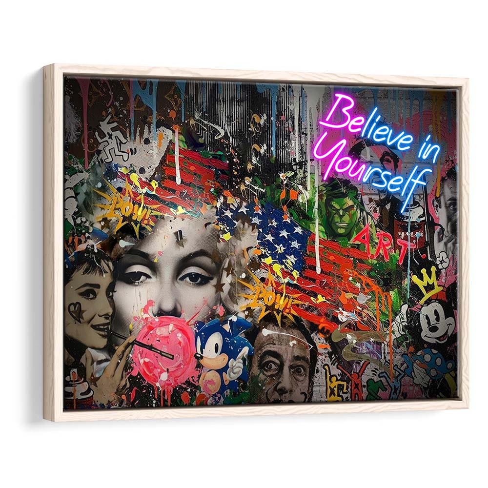 Be You, Believe In Yourself Art Print, Framed Canvas Print Wall Art Decor, Floating Frame, Neon Effect Art