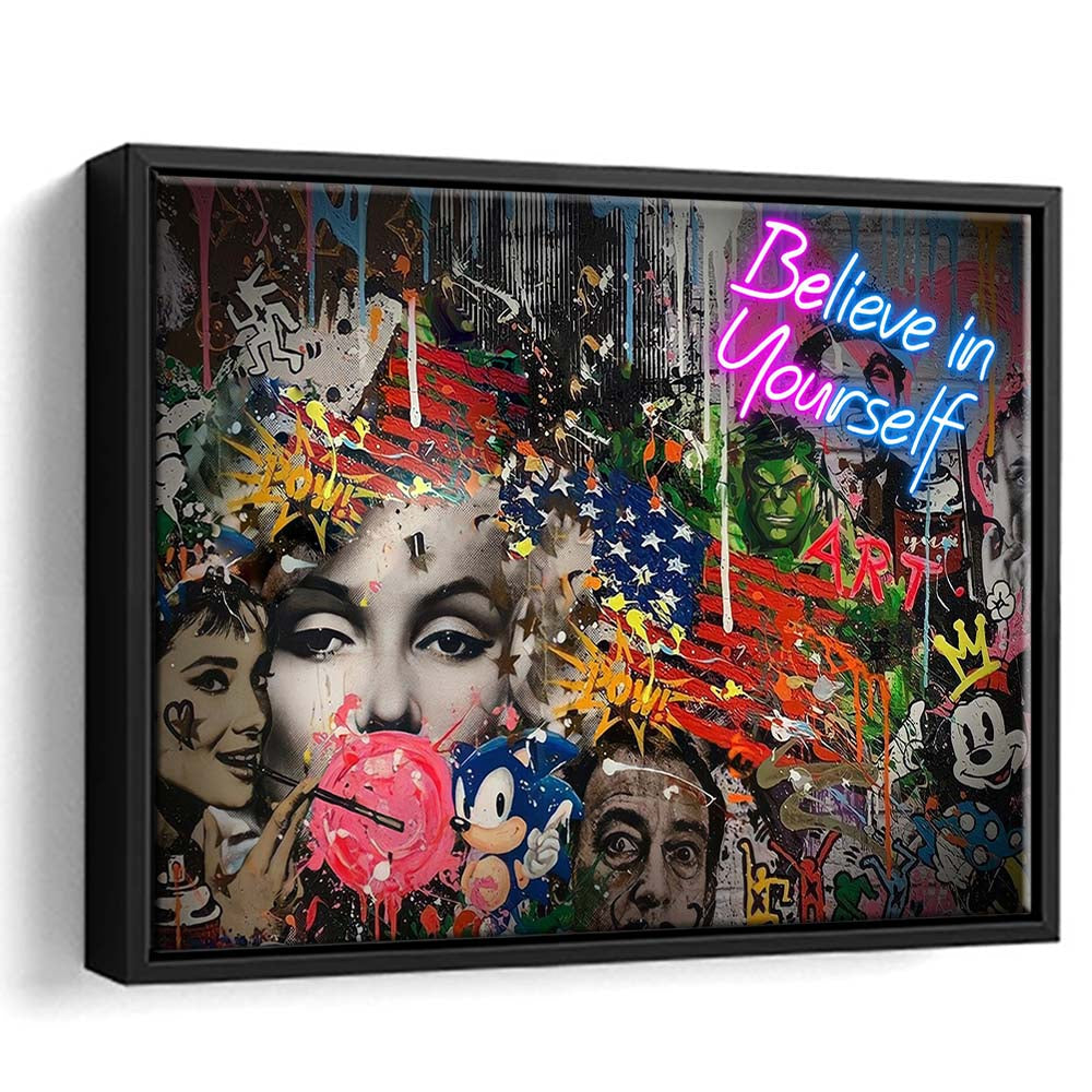 Be You, Believe In Yourself Art Print, Framed Canvas Print Wall Art Decor, Floating Frame, Neon Effect Art