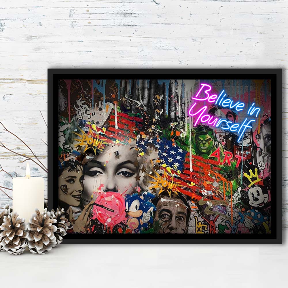 Be You, Believe In Yourself Art Print, Framed Canvas Print Wall Art Decor, Floating Frame, Neon Effect Art
