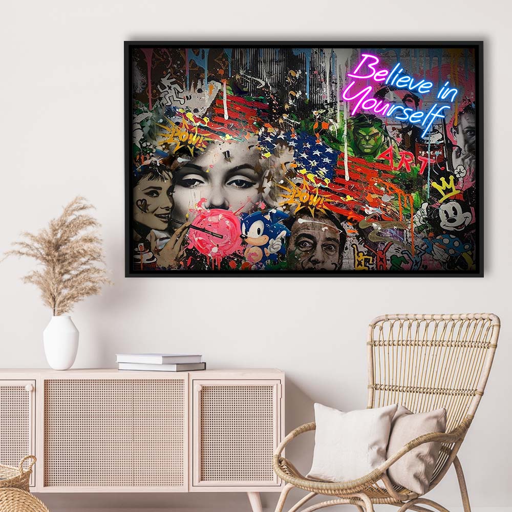 Be You, Believe In Yourself Art Print, Framed Canvas Print Wall Art Decor, Floating Frame, Neon Effect Art
