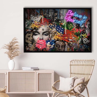 Be You, Believe In Yourself Art Print, Framed Canvas Print Wall Art Decor, Floating Frame, Neon Effect Art