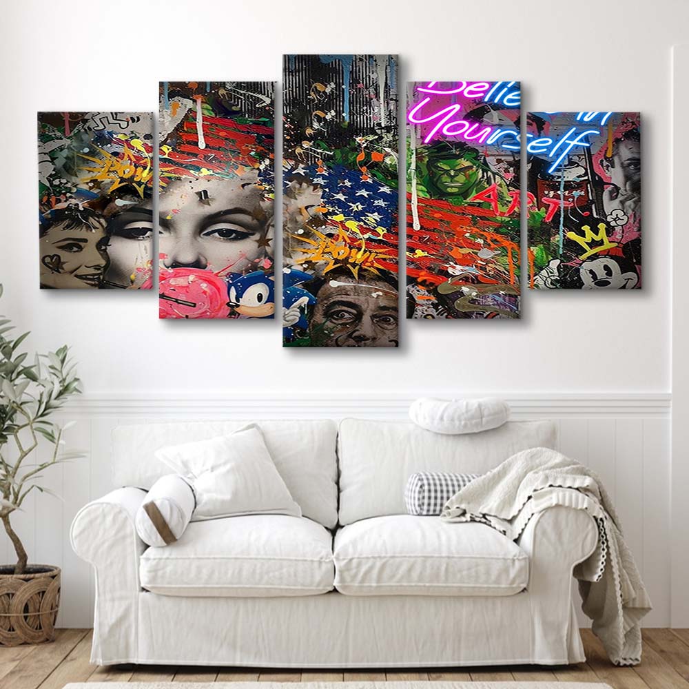 Be You, Believe In Yourself Art Print, 5 Panel Mixed Canvas Print Wall Art, Home Decor, Neon Canvas