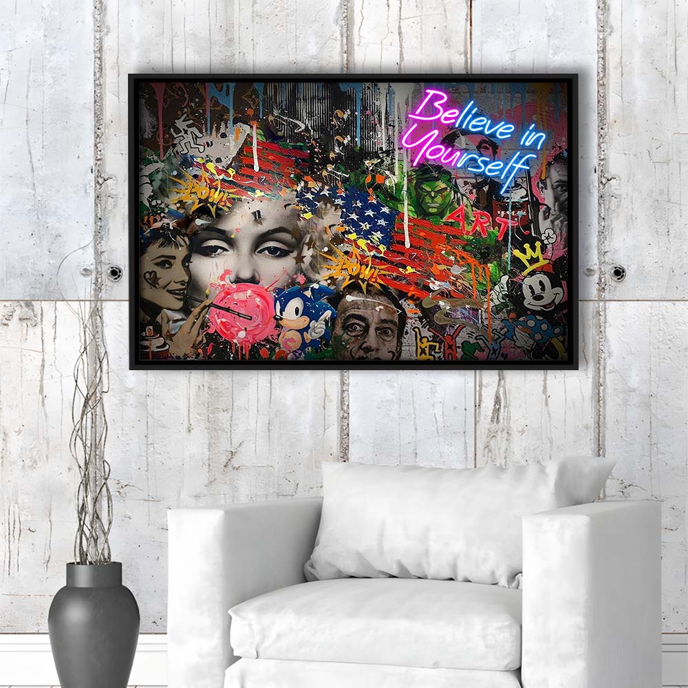 Be You, Believe In Yourself Art Print, Framed Canvas Print Wall Art Decor, Floating Frame, Neon Effect Art