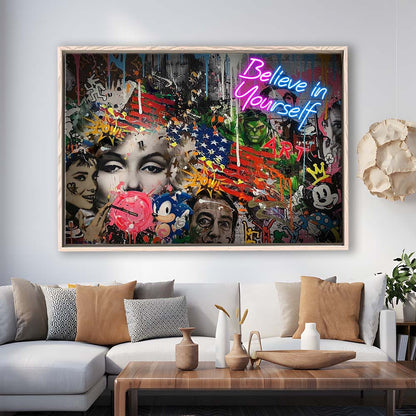 Be You, Believe In Yourself Art Print, Framed Canvas Print Wall Art Decor, Floating Frame, Neon Effect Art