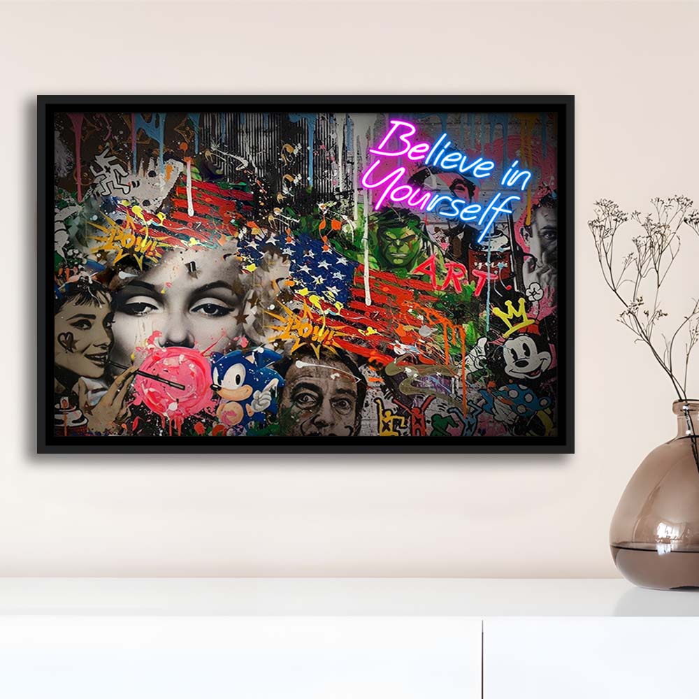 Be You, Believe In Yourself Art Print, Framed Canvas Print Wall Art Decor, Floating Frame, Neon Effect Art