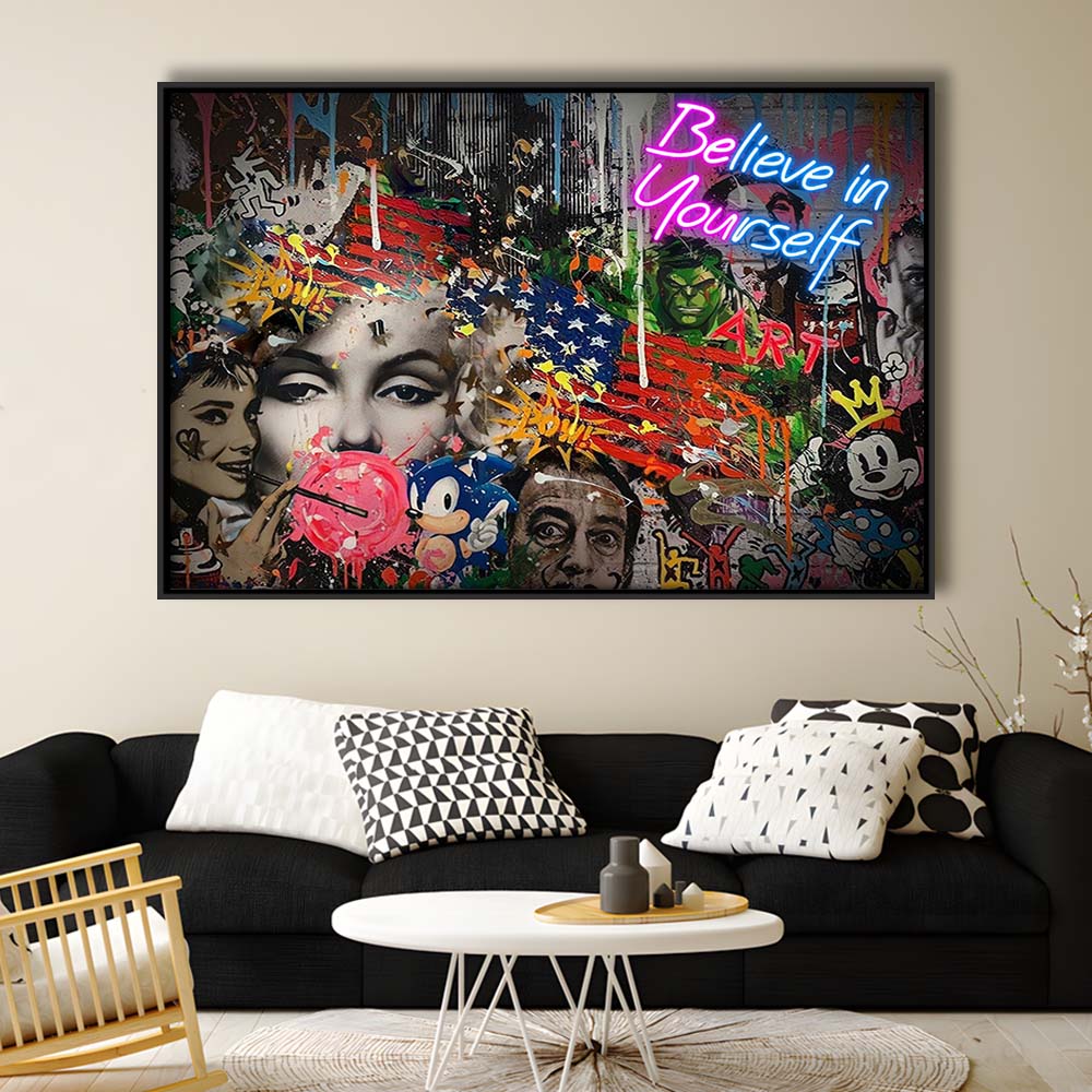 Be You, Believe In Yourself Art Print, Framed Canvas Print Wall Art Decor, Floating Frame, Neon Effect Art