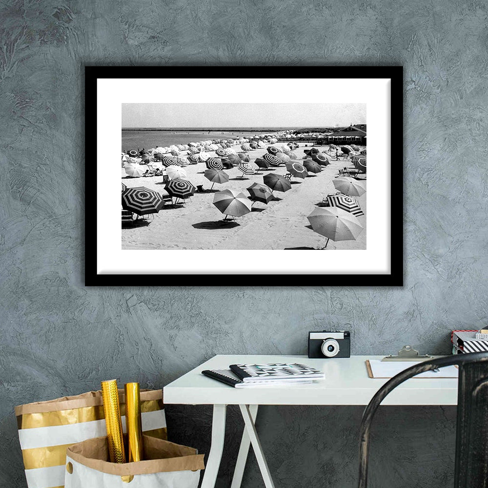 Beach Umbrella in Hawaii, Black and White, Summer Wall Art, Beach House Decor, Framed Art Print White Border Wall Decor