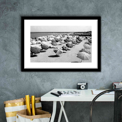 Beach Umbrella in Hawaii, Black and White, Summer Wall Art, Beach House Decor, Framed Art Print White Border Wall Decor