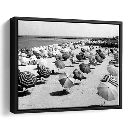 Beach Umbrella in Hawaii, Black and White, Summer Wall Art, Beach House Decor, Floating Framed Canvas Print