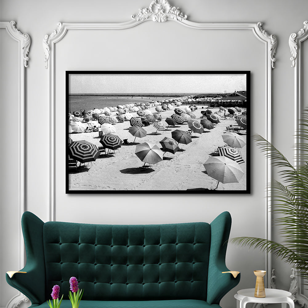 Beach Umbrella in Hawaii, Black and White, Summer Wall Art, Beach House Decor, Framed Art Print Wall Decor