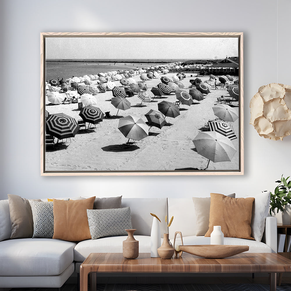 Beach Umbrella in Hawaii, Black and White, Summer Wall Art, Beach House Decor, Floating Framed Canvas Print