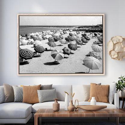 Beach Umbrella in Hawaii, Black and White, Summer Wall Art, Beach House Decor, Floating Framed Canvas Print