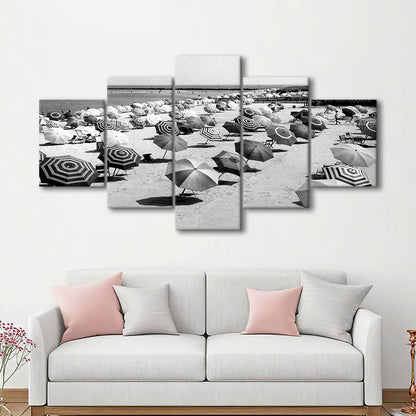 Beach Umbrella in Hawaii, Black and White, Summer Wall Art, Beach House Decor, Mixed 5 Pieces Canvas Print