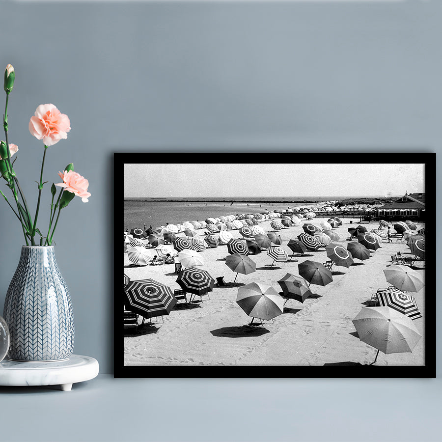Beach Umbrella in Hawaii, Black and White, Summer Wall Art, Beach House Decor, Framed Art Print Wall Decor