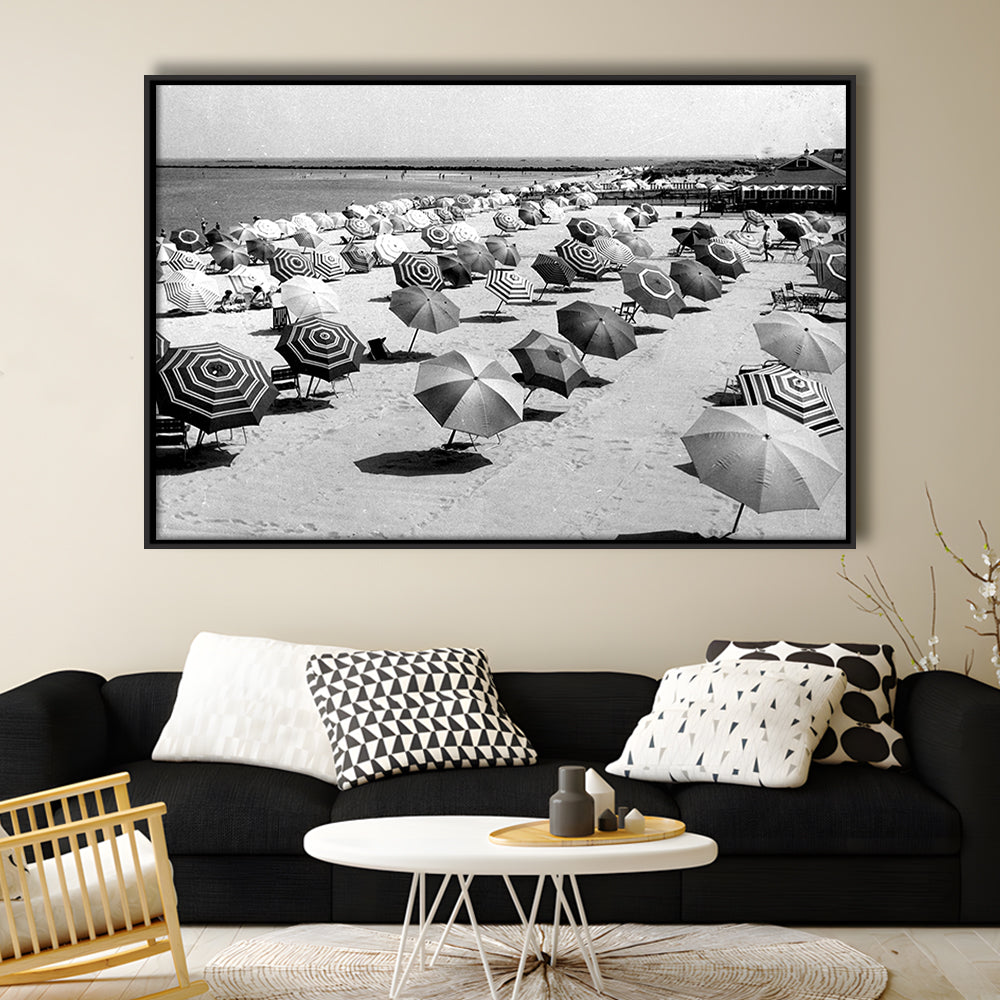 Beach Umbrella in Hawaii, Black and White, Summer Wall Art, Beach House Decor, Floating Framed Canvas Print