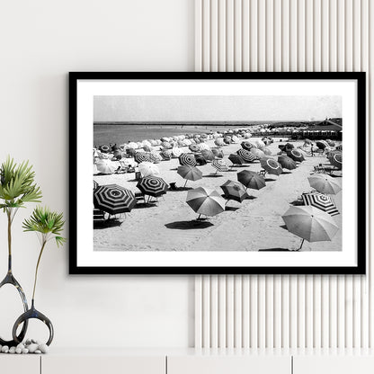 Beach Umbrella in Hawaii, Black and White, Summer Wall Art, Beach House Decor, Framed Art Print White Border Wall Decor