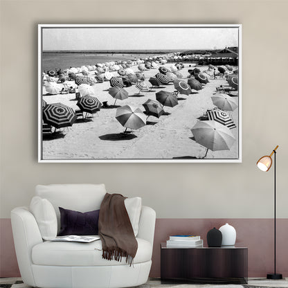 Beach Umbrella in Hawaii, Black and White, Summer Wall Art, Beach House Decor, Floating Framed Canvas Print