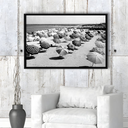 Beach Umbrella in Hawaii, Black and White, Summer Wall Art, Beach House Decor, Floating Framed Canvas Print