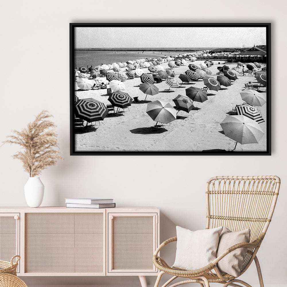 Beach Umbrella in Hawaii, Black and White, Summer Wall Art, Beach House Decor, Floating Framed Canvas Print