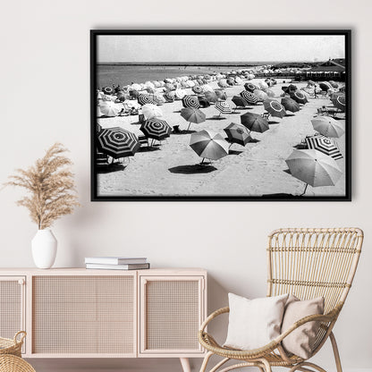 Beach Umbrella in Hawaii, Black and White, Summer Wall Art, Beach House Decor, Floating Framed Canvas Print