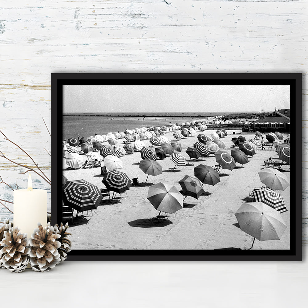 Beach Umbrella in Hawaii, Black and White, Summer Wall Art, Beach House Decor, Floating Framed Canvas Print