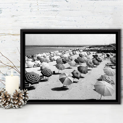 Beach Umbrella in Hawaii, Black and White, Summer Wall Art, Beach House Decor, Floating Framed Canvas Print