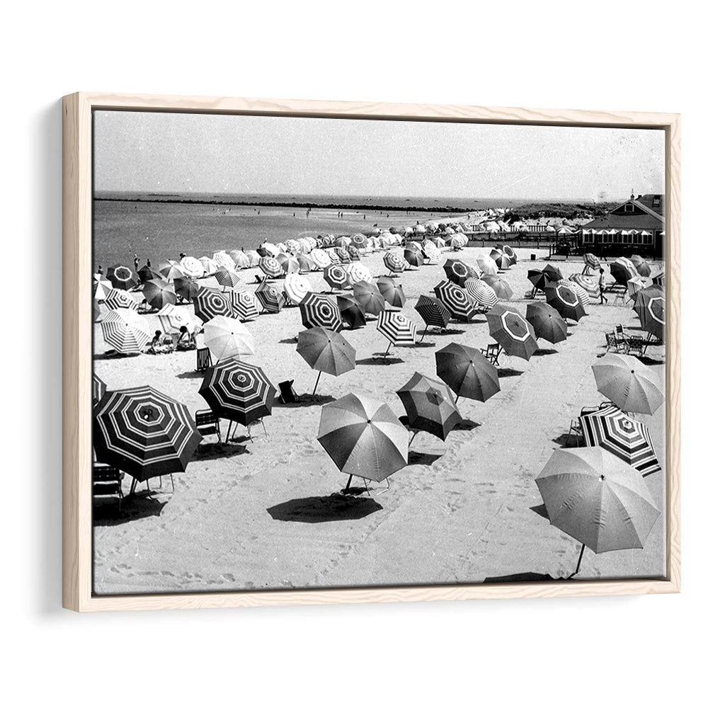 Beach Umbrella in Hawaii, Black and White, Summer Wall Art, Beach House Decor, Floating Framed Canvas Print
