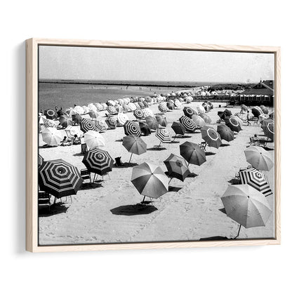 Beach Umbrella in Hawaii, Black and White, Summer Wall Art, Beach House Decor, Floating Framed Canvas Print