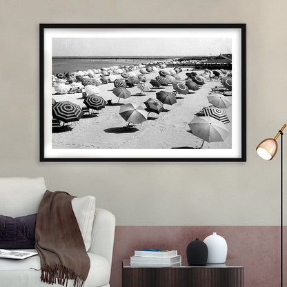 Beach Umbrella in Hawaii, Black and White, Summer Wall Art, Beach House Decor, Framed Art Print White Border Wall Decor