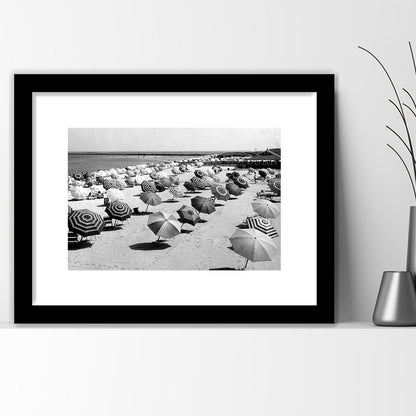 Beach Umbrella in Hawaii, Black and White, Summer Wall Art, Beach House Decor, Framed Art Print White Border Wall Decor