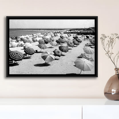 Beach Umbrella in Hawaii, Black and White, Summer Wall Art, Beach House Decor, Floating Framed Canvas Print