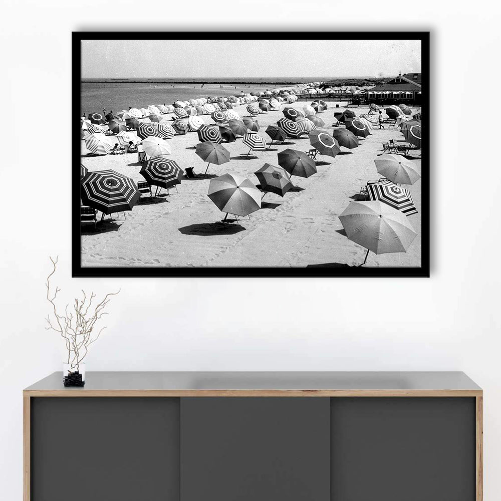 Beach Umbrella in Hawaii, Black and White, Summer Wall Art, Beach House Decor, Framed Art Print Wall Decor