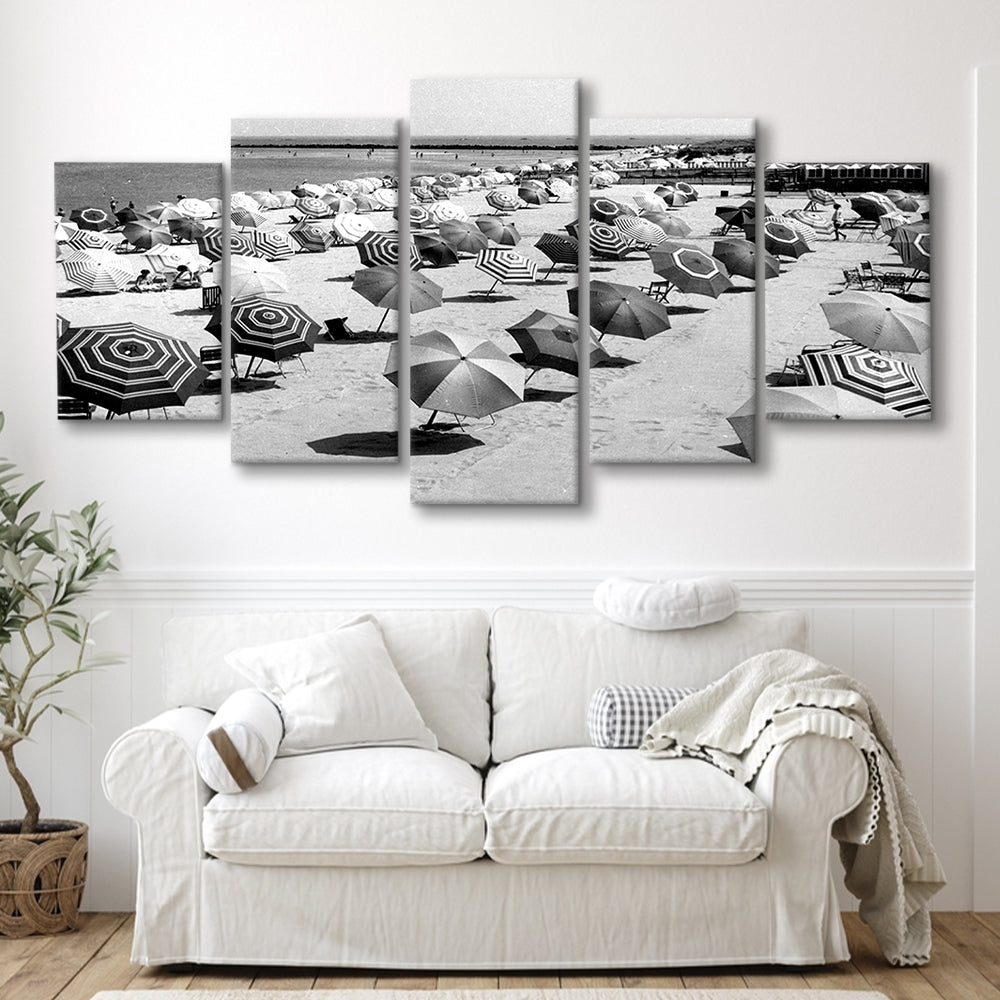 Beach Umbrella in Hawaii, Black and White, Summer Wall Art, Beach House Decor, Mixed 5 Pieces Canvas Print