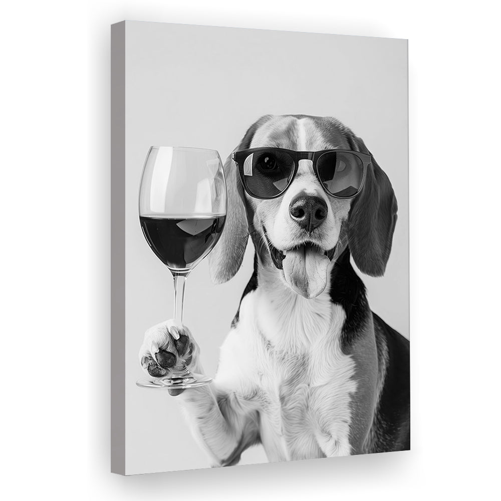 Beagle Holding Red Wine Canvas Print Wall Art, Black and White, Beagle Gift, Bar Cart Print, Kitchen Wall Decor