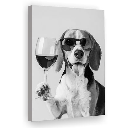 Beagle Holding Red Wine Canvas Print Wall Art, Black and White, Beagle Gift, Bar Cart Print, Kitchen Wall Decor