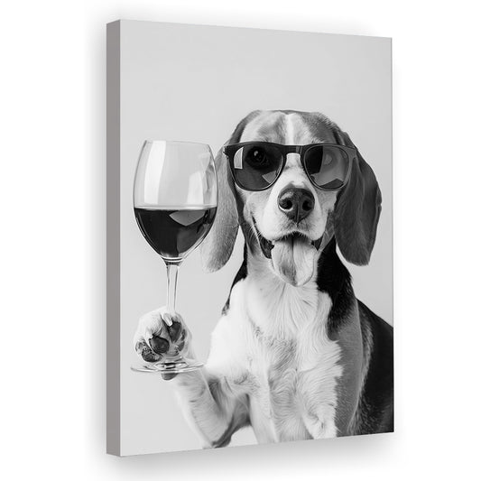 Beagle Holding Red Wine Canvas Print Wall Art, Black and White, Beagle Gift, Bar Cart Print, Kitchen Wall Decor