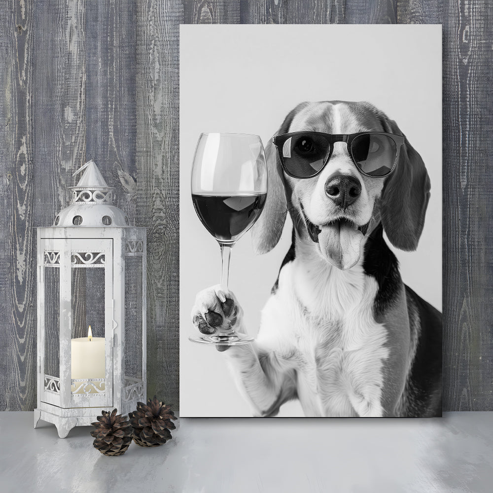 Beagle Holding Red Wine Canvas Print Wall Art, Black and White, Beagle Gift, Bar Cart Print, Kitchen Wall Decor