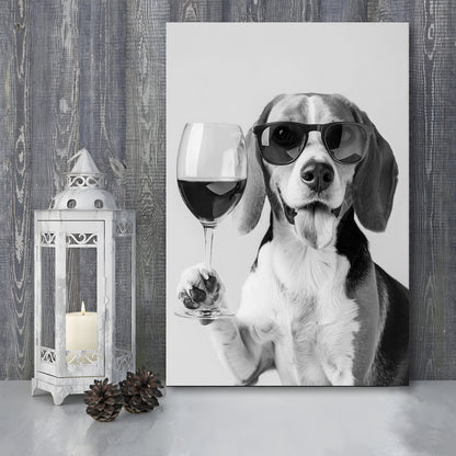 Beagle Holding Red Wine Canvas Print Wall Art, Black and White, Beagle Gift, Bar Cart Print, Kitchen Wall Decor