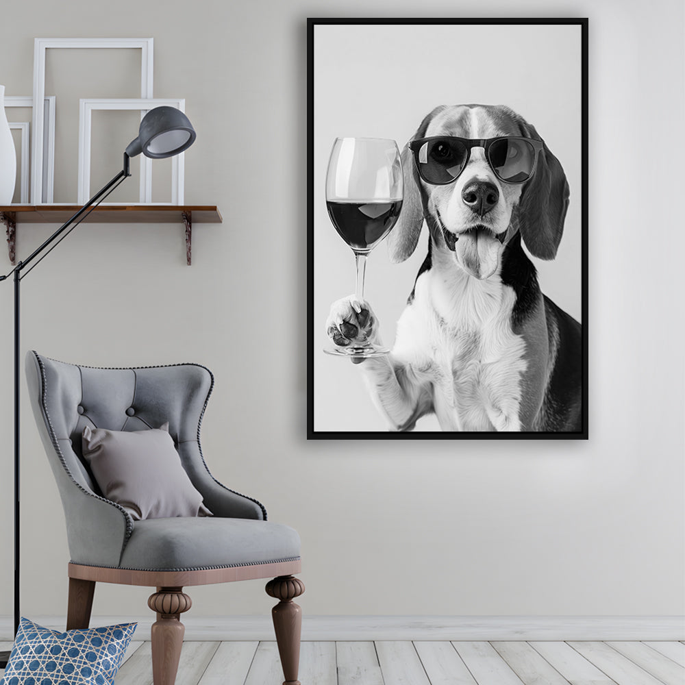 Beagle Holding Red Wine Framed Canvas Print Wall Art, Black and White, Beagle Gift, Kitchen Wall Decor
